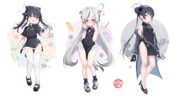 Rule 34 | 3girls, absurdres, animal ears, black dress, black footwear, black gloves, black hair, black socks, blue archive, blue halo, blush, breasts, butterfly hair ornament, china dress, chinese clothes, closed mouth, coat, double bun, dragon print, dress, extra ears, full body, gloves, green eyes, grey coat, grey eyes, grey hair, grey halo, hair bun, hair ornament, halo, high heels, highres, kisaki (blue archive), kokona (blue archive), long hair, long sleeves, looking at viewer, multicolored hair, multiple girls, open clothes, open coat, open mouth, orange eyes, pelvic curtain, shoes, short sleeves, shun (blue archive), shun (small) (blue archive), simple background, sleeveless, sleeveless dress, small breasts, smile, socks, somray, streaked hair, striped clothes, striped coat, striped dress, thighhighs, tiger ears, twintails, two side up, vertical-striped clothes, vertical-striped coat, vertical-striped dress, white background, white footwear, white thighhighs