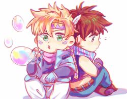 Rule 34 | battle tendency, blonde hair, blue scarf, brown hair, blowing bubbles, chibi, crop top, denim, facial mark, fingerless gloves, gloves, green eyes, headband, highres, jeans, jojo no kimyou na bouken, joseph joestar, joseph joestar (young), knee pads, layered sleeves, long sleeves, male focus, midriff, multicolored clothes, multicolored scarf, pants, pink scarf, purple scarf, scarf, short over long sleeves, short sleeves, sitting, striped clothes, striped scarf, triangle print, vertical-striped clothes, vertical-striped scarf, yanglao paopaoren