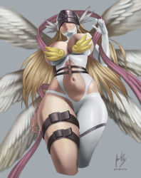 Rule 34 | 1girl, angel wings, angewomon, armor, asymmetrical clothes, blonde hair, breastplate, breasts, cameltoe, clothing cutout, covered eyes, cropped legs, digimon, digimon (creature), digimon adventure, female focus, head wings, helmet, image sample, javier martinez correa, large breasts, long hair, multiple wings, navel, navel cutout, solo, thigh strap, thighs, visor, wings