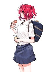 Rule 34 | 1girl, :t, alternate costume, backpack, bag, blue skirt, blush, breasts, commentary request, contemporary, cowboy shot, eating, food, hair between eyes, hair bobbles, hair ornament, highres, holding, holding food, hot dog, juice box, large breasts, mappe (778exceed), miniskirt, onozuka komachi, pleated skirt, red eyes, red hair, school uniform, shirt, shirt tucked in, short hair, short sleeves, simple background, skirt, solo, standing, thighs, touhou, two side up, white background, white shirt, wing collar