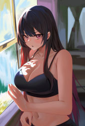 Rule 34 | 1girl, :o, absurdres, bad id, bad pixiv id, bare shoulders, bburi, black bra, black hair, black panties, blush, bra, breasts, cleavage, commentary, crop top, english commentary, highres, indoors, large breasts, looking at viewer, mole, mole under eye, multicolored hair, navel, no shoes, open mouth, original, panties, purple eyes, purple hair, red hair, revision, solo, spaghetti strap, tank top, underwear, underwear only, upper body, window