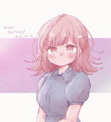 Rule 34 | 1girl, alternate costume, alternate hair ornament, blue dress, blush, breasts, brown hair, closed mouth, collared dress, commentary request, danganronpa (series), danganronpa 2: goodbye despair, dated, dress, flipped hair, gradient background, hair ornament, hairclip, happy birthday, highres, looking at viewer, medium breasts, nanami chiaki, pink background, pink eyes, short sleeves, solo, triangle hair ornament, two-tone background, upper body, white background, yuki maru (yukimaru 1)
