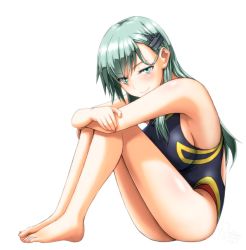 Rule 34 | 1girl, aqua eyes, aqua hair, arms on knees, barefoot, blue one-piece swimsuit, blush, breasts, closed mouth, competition swimsuit, full body, hair ornament, hairclip, kantai collection, koutarou (plusdrive), large breasts, long hair, looking at viewer, one-piece swimsuit, sideboob, simple background, sitting, smile, solo, suzuya (kancolle), swimsuit, white background