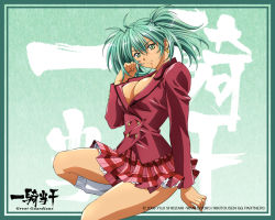 Rule 34 | 00s, 1girl, adjusting hair, ahoge, arm support, blazer, border, breasts, bursting breasts, buttons, cleavage, copyright name, dated, earrings, gradient background, green eyes, green hair, hair between eyes, head tilt, ikkitousen, ikkitousen great guardians, jacket, jewelry, kneehighs, lace, large breasts, light smile, logo, long sleeves, looking at viewer, loose socks, magatama, magatama earrings, matching hair/eyes, miniskirt, no bra, official art, official wallpaper, plaid, plaid skirt, pleated skirt, rin-sin, ryofu housen, school uniform, short twintails, sitting, skirt, smile, socks, solo, tan, twintails, wallpaper, white socks