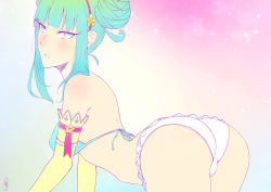 Rule 34 | 1girl, aqua eyes, aqua hair, ass, breasts, commentary, elbow gloves, english commentary, girl (anime expo), gloves, hairband, highres, j adsen, kami-sama (girl), looking at viewer, medium breasts, panties, short hair, solo, star (symbol), underwear, yellow gloves