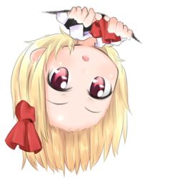 Rule 34 | 1girl, blonde hair, bow, embodiment of scarlet devil, female focus, gap (touhou), hair bow, hanging, lowres, red eyes, rumia, solo, tec, touhou, upside-down, white background