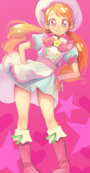 Rule 34 | 1girl, apron, boots, brown hair, chef, closed mouth, commentary, dress, hands on own hips, jj (ssspulse), kirakira precure a la mode, knee boots, leaning to the side, long hair, looking at viewer, pink background, precure, puffy short sleeves, puffy sleeves, purple eyes, red footwear, short dress, short sleeves, smile, solo, standing, star (symbol), swept bangs, twintails, usami ichika, waist apron, white apron, white dress, white headwear