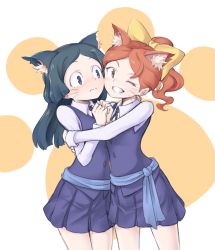 Rule 34 | 2girls, ;d, black hair, blue eyes, bow, character request, closed mouth, collared shirt, commentary request, cowboy shot, dress, frown, grin, hair bow, head tilt, hug, kemonomimi mode, little witch academia, long hair, long sleeves, looking at viewer, multiple girls, one eye closed, open mouth, orange eyes, orange hair, orinpachu, own hands together, parted lips, paw print, paw print background, pinafore dress, ponytail, purple dress, shirt, sleeveless dress, smile, standing, tareme, teeth, two-tone background, wavy hair, wavy mouth, whiskers, white shirt, wing collar, yellow bow, yuri