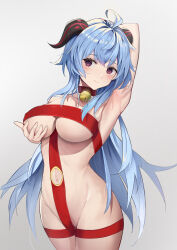 Rule 34 | 1girl, absurdres, ahoge, arm behind head, arm up, armpits, bell, blue hair, blush, breasts, chinese commentary, choker, closed mouth, clothing cutout, commentary request, cowboy shot, ganyu (genshin impact), genshin impact, goat horns, grabbing own breast, grey background, head tilt, highres, horns, jingle bell, large breasts, long hair, looking at viewer, naked ribbon, natsuko iman, navel, navel cutout, neck bell, purple eyes, red choker, red ribbon, ribbon, sidelocks, simple background, solo, thighs, underboob, very long hair