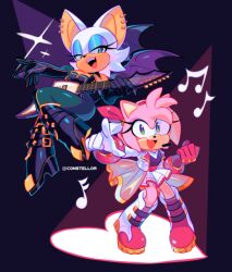 Rule 34 | 2girls, absurdres, amy rose, animal ears, animal nose, aqua eyes, arm up, artist name, bat ears, bat girl, bat tail, bat wings, belt, black background, black bodysuit, black gloves, black shirt, blue eyeshadow, bodysuit, boots, bracelet, breasts, collared jacket, constellor, elbow gloves, eyelashes, eyeshadow, fang, fangs, flying, full body, furry, furry female, gloves, green eyes, guitar, hairband, half-closed eyes, hands up, hedgehog ears, hedgehog girl, high heels, highres, holding, holding instrument, index finger raised, instrument, jacket, jewelry, lips, lipstick, looking at viewer, makeup, medium breasts, microphone, multiple girls, music, musical note, open clothes, open jacket, open mouth, pink belt, pink footwear, pink fur, pink gloves, pink hairband, pink ribbon, playing instrument, pocket, purple footwear, ribbon, rouge the bat, shirt, simple background, skirt, smile, sonic (series), sparkle, stage lights, standing, t-shirt, tail, tongue, two-tone footwear, white footwear, white fur, white gloves, white jacket, white skirt, wings, zipper