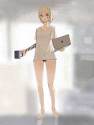 Rule 34 | 1girl, absurdres, apple inc., arm tattoo, bare legs, barefoot, black panties, blonde hair, breasts, collarbone, commentary, computer, cup, full body, green eyes, green hair, green nails, hair between eyes, highres, holding, holding cup, laptop, looking at viewer, macbook, mug, multicolored hair, nail polish, no pants, original, panties, parted lips, pen guin15, shirt, short hair, short sleeves, small breasts, solo, standing, streaked hair, tattoo, underwear, white shirt