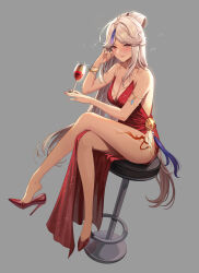 Rule 34 | 1girl, absurdres, alcohol, armlet, bare arms, bare legs, bare shoulders, blush, bracelet, breasts, cleavage, commentary request, crossed legs, cup, dress, drinking glass, genshin impact, grey background, hand up, high heels, highres, jewelry, long hair, looking at viewer, medium breasts, ningguang (genshin impact), no-ba, patent heels, pumps, red dress, red eyes, red footwear, shoes, simple background, sitting, sleeveless, sleeveless dress, solo, stiletto heels, thighs, very long hair, white hair, wine, wine glass