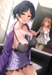 Rule 34 | 2girls, babydoll, between breasts, black hair, blush, breasts, cardigan, caught, cleavage, collarbone, couch, covered erect nipples, dress, expressionless, gift between breasts, green shorts, hayami kanade, highres, hojo karen, idolmaster, idolmaster cinderella girls, indoors, lace-trimmed babydoll, lace trim, large breasts, looking at viewer, mk (mod0), multiple girls, on couch, parted bangs, pink dress, purple cardigan, short hair, shorts, sitting, sleeveless, sleeveless dress, smile