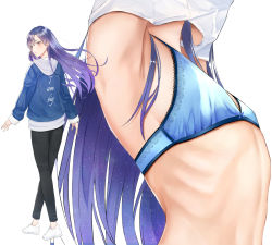 Rule 34 | 1girl, :o, armpits, blue hair, bra, brown eyes, denim, english text, flat chest, hood, hoodie, idolmaster, idolmaster (classic), irohakaede, jeans, kisaragi chihaya, lace, lace bra, long hair, looking back, multiple views, pants, ribs, shoes, simple background, skinny, sneakers, sparkle, underwear, undressing, white background