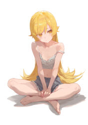 Rule 34 | 1girl, barefoot, blonde hair, camisole, crop top, crossed legs, flat chest, frilled camisole, frilled shorts, frills, highres, kissshotmagia, long hair, midriff, monogatari (series), navel, off shoulder, oshino shinobu, revision, shorts, simple background, sitting, solo, strap slip, very long hair, white background, yellow eyes
