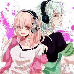 Rule 34 | 1boy, 1girl, blush, breasts, brother and sister, company connection, csket, hand on headphones, headphones, large breasts, long hair, looking at viewer, looking back, mascot, naitou-kun, nitro+ chiral, nitroplus, off shoulder, open mouth, pink eyes, pink hair, red eyes, siblings, silver hair, smile, super sonico, wavy mouth