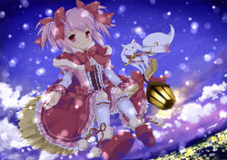 Rule 34 | 10s, 1girl, :3, bad id, bad pixiv id, bell, blue sky, bow, broom, broom riding, capelet, city lights, collar, dress, hair bow, kaname madoka, kyubey, lamp, mahou shoujo madoka magica, mahou shoujo madoka magica (anime), neck bell, pink dress, pink eyes, pink hair, sidelocks, skirt, sky, smile, snowing, twintails, wataame27