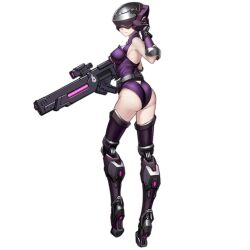 Rule 34 | 1girl, android, artist request, ass, assault rifle, belt, black footwear, black gloves, boots, breasts, center opening, closed mouth, detached sleeves, expressionless, from behind, full body, girls&#039; frontline, gloves, gun, hand on headwear, head-mounted display, helmet, high heel boots, high heels, holding, holding gun, holding weapon, large breasts, leg armor, leotard, mechanical legs, official art, purple leotard, purple sleeves, ribs, rifle, sangvis ferri, science fiction, scope, shoe soles, simple background, solo, thigh boots, transparent background, triangle cutout, trigger discipline, vespid (girls&#039; frontline), weapon