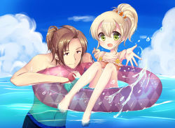 Rule 34 | 1boy, 1girl, alvin (tales), bare shoulders, barefoot, bikini, blush, brown eyes, brown hair, elize lutus, flat chest, flower, frills, green eyes, jewelry, midriff, navel, necklace, open mouth, ponytail, short hair, smile, swimsuit, tales of (series), tales of xillia, tattoo, water