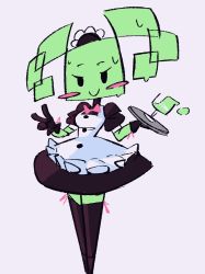 Rule 34 | 1girl, blush, bow, bowtie, colored skin, cup, drinking glass, gloves, green skin, grey background, juliet sleeves, long sleeves, maid headdress, mario (series), mimi (paper mario), nintendo, paper mario, puffy sleeves, smile, solo, sooupbox, super paper mario, thighhighs, tray, twintails, v