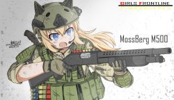 Rule 34 | 1girl, absurdres, ammunition pouch, animal ears, blonde hair, blue eyes, buckle, camouflage, chinese commentary, combat helmet, commentary request, digital camouflage, dirty, dirty face, fang, girls&#039; frontline, gloves, gun, headset, helmet, highres, holding, holding gun, holding weapon, jacket, load bearing vest, long hair, m500 (girls&#039; frontline), military, military jacket, mossberg 500, pixiv username, pouch, pump action, shotgun, shotgun shell, snap-fit buckle, solo, toramaru-913, weapon