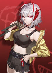 Rule 34 | 1girl, absurdres, ahoge, antennae, arknights, bare shoulders, belt, black belt, black shorts, black tank top, breasts, cleavage, collarbone, commentary request, cowboy shot, crop top, drop shadow, grey hair, grin, highres, holding, hongbaise raw, horns, jacket, large breasts, long sleeves, looking at viewer, midriff, navel, off shoulder, open clothes, open jacket, orange eyes, red background, short hair, short shorts, shorts, smile, solo, standing, stomach, tank top, w (arknights), w (cannot wait for) (arknights), yellow jacket