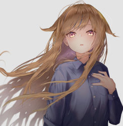 Rule 34 | 1girl, absurdres, blonde hair, blue shirt, blurry, blush, bug, collared shirt, depth of field, dress shirt, firefly, floating hair, fugutai ten, grey background, hand on own chest, highres, himehina channel, huge filesize, insect, long hair, long sleeves, looking at viewer, messy hair, nail polish, night, open mouth, outdoors, pink nails, shirt, simple background, solo, suzuki hina, upper body, very long hair, virtual youtuber