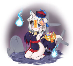 Rule 34 | 1girl, animal ear fluff, animal ears, bailingxiao jiu, bare shoulders, bell, black bow, blue eyes, blush, bow, braid, breasts, candy, cat cutout, clothing cutout, covered navel, detached sleeves, double bun, dress, fang, food, food on face, full body, groin, hair bow, hair bun, hair ornament, halloween bucket, hat, heart, heart-shaped pupils, highres, hitodama, impossible clothes, impossible dress, jiangshi, jingle bell, lollipop, long sleeves, ofuda, original, parted lips, purple dress, purple footwear, purple sleeves, qingdai guanmao, red hat, seiza, shoe soles, shoes, side braid, silver hair, single braid, sitting, sleeveless, sleeveless dress, sleeves past fingers, sleeves past wrists, small breasts, solo, swirl lollipop, symbol-shaped pupils, tail, tombstone, torn clothes, torn sleeves