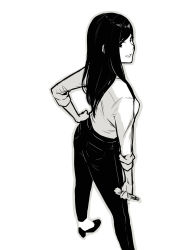 Rule 34 | 1girl, black pants, contrapposto, dress shirt, from above, grey outline, hand on own hip, high heels, highres, holding, lips, long hair, looking at viewer, looking back, monochrome, no socks, original, outline, pants, poaro, shirt, simple background, sketch, sleeves pushed up, smile, solo, standing, white background, white shirt