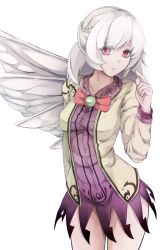 Rule 34 | 1girl, arm at side, bad id, bad pixiv id, bow, bowtie, breasts, collarbone, covered navel, cowboy shot, dress, eyes visible through hair, jacket, kishin sagume, long sleeves, looking at viewer, looking to the side, poini (king-scarlet-dead), purple dress, purple skirt, red eyes, short hair, simple background, single wing, skirt, solo, spread wings, touhou, white background, white hair, wings