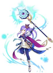 Rule 34 | 1girl, absurdres, archmage (latale), artist request, braid, cloak, highres, holding, holding staff, latale, magic, pantyhose, purple hair, shirt, snowflakes, solo, staff, white footwear, white shirt, yellow eyes