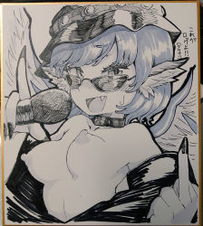 Rule 34 | 1girl, animal ears, bird ears, bird wings, blush, breasts, breasts out, choujuu gigaku, collar, collarbone, fang, fingernails, hat, holding, holding microphone, long fingernails, looking over eyewear, microphone, middle finger, monochrome, mystia lorelei, nail polish, nipples, open mouth, photo (medium), sharp fingernails, shika miso, shikishi, short hair, small breasts, solo, sunglasses, touhou, traditional media, translation request, upper body, wings