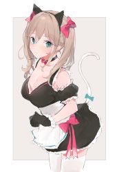 Rule 34 | 1girl, animal ears, apron, black choker, black gloves, black skirt, blue eyes, blush, bow, brown hair, cat ears, cat tail, choker, closed mouth, commentary, cowboy shot, fake animal ears, frilled gloves, frills, gloves, highres, miniskirt, mole, mole under eye, original, puffy short sleeves, puffy sleeves, rippootai, short sleeves, simple background, sketch, skirt, solo, tail, tail bow, tail ornament, thighhighs, waist apron, white thighhighs, zettai ryouiki