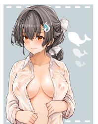 Rule 34 | 1girl, black hair, blush, breasts, collarbone, collared shirt, commentary, hair flaps, hair ornament, hairclip, jingei (kancolle), kantai collection, large breasts, long sleeves, looking at viewer, low ponytail, no bra, open clothes, open shirt, red eyes, see-through, shirt, simple background, solo, symbol-only commentary, upper body, watanore, wet, wet hair, white shirt
