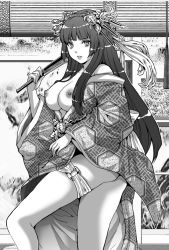Rule 34 | 1girl, ass, bare shoulders, breasts, breasts out, cleavage, hand fan, female focus, greyscale, hair ornament, huge breasts, japanese clothes, kimono, long hair, looking at viewer, monochrome, nipples, off shoulder, open clothes, open kimono, original, parted lips, solo, yamasaki masato