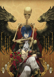 Rule 34 | 1boy, 909 (kagetsu99), black wings, blue eyes, blue hair, bouquet, cantarella (vocaloid), chair, clock, coat, feathers, flower, gloves, glowing, glowing eyes, kaito (vocaloid), crossed legs, madarame (pixiv337789), male focus, matching hair/eyes, pale skin, rose, short hair, sitting, skeleton, solo, throne, vocaloid, watch, wings, wristwatch, zipper