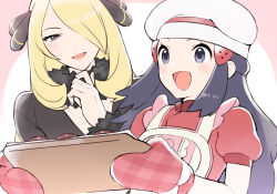 Rule 34 | 2girls, :d, apron, black hair, blonde hair, chef hat, coat, commentary request, creatures (company), cynthia (pokemon), dawn (palentine&#039;s 2021) (pokemon), dawn (pokemon), dress, eyelashes, fur collar, game freak, grey eyes, hair ornament, hand up, hat, highres, holding, holding tray, long hair, multiple girls, nintendo, official alternate costume, open mouth, oven mitts, pokemon, pokemon dppt, pokemon masters ex, short sleeves, smile, tongue, tray, tudurimike, white headwear
