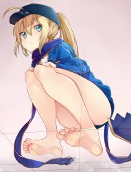 Rule 34 | 1girl, ahoge, artoria pendragon (fate), ass, barefoot, baseball cap, batatata77, blonde hair, blue eyes, blue scarf, fate/grand order, fate (series), feet, green eyes, hat, highres, long hair, looking at viewer, mysterious heroine x (fate), ponytail, rojiura satsuki : chapter heroine sanctuary, saber (fate), scarf, soles, solo, squatting, toes, x-ray