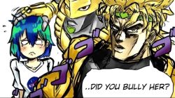 Rule 34 | 1boy, 1girl, 1other, blonde hair, bullying, crossover, dio brando, earth-chan, english text, green headband, headband, holding person, jojo no kimyou na bouken, looking at viewer, manly, nasa, nasa logo, shirt, simple background, sound effects, stand (jojo), tearing up, the world, trait connection, white background, white shirt