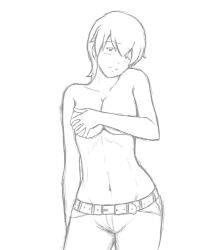 Rule 34 | 1girl, belt, breast hold, breasts, covering privates, covering breasts, denim, earrings, fate/stay night, fate (series), fujimura taiga, greyscale, hisao-kun, jeans, jewelry, large breasts, monochrome, pants, short hair, smile, solo, tomboy, topless