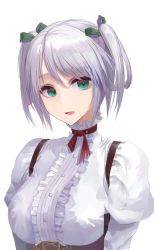 Rule 34 | 1girl, breasts, choker, ciel alencon, frills, god eater, green eyes, green ribbon, hair between eyes, hair ribbon, kaeru (meriruou), large breasts, looking at viewer, medium breasts, neck ribbon, open mouth, red ribbon, ribbon, short hair, short twintails, silver hair, simple background, smile, solo, suspenders, swept bangs, twintails, white background