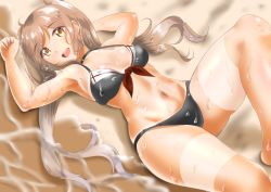 Rule 34 | 10s, 1girl, armpits, beach, bikini, breasts, brown eyes, curvy, hair ornament, hair ribbon, kantai collection, kasugano tobari, light brown hair, long hair, looking at viewer, lying, murasame (kancolle), navel, ocean, on back, open mouth, outdoors, ribbon, sand, smile, solo, swimsuit, twintails, water, wide hips