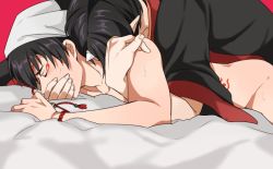 Rule 34 | 10s, 2boys, adam&#039;s apple, anal, bad id, bad pixiv id, bandana, beads, black hair, blanket, blush, body blush, closed eyes, clothed sex, covering own mouth, eyeshadow, face down, hakutaku (hoozuki no reitetsu), hoozuki (hoozuki no reitetsu), hoozuki no reitetsu, horns, implied sex, japanese clothes, long sleeves, lying, lying on person, makeup, male focus, male penetrated, multiple boys, nude, on stomach, oni, pointy ears, prone bone, red background, sex, sex from behind, short hair, single horn, sweat, tassel, wide sleeves, yaoi