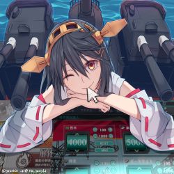Rule 34 | 10s, 1girl, ;), artist name, bad id, bad pixiv id, biting, black hair, cannon, cursor, detached sleeves, fourth wall, gameplay mechanics, hair between eyes, hair ornament, hairband, hairclip, haruna (kancolle), head rest, headgear, highres, kantai collection, long hair, looking at viewer, mecha musume, mouth hold, one eye closed, orange eyes, partially submerged, personification, ribbon-trimmed sleeves, ribbon trim, smile, solo, through medium, through screen, turret, twitter username, water, wide sleeves, wink, yunamul