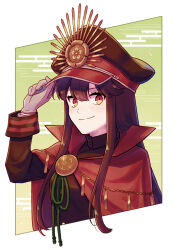 Rule 34 | 1girl, ape, black hat, cape, crest, egasumi, facing viewer, family crest, fate/grand order, fate (series), gloves, green background, hat, highres, long hair, long sleeves, military hat, military uniform, oda nobunaga (fate), oda uri, peaked cap, red eyes, smile, solo, uniform, yzrh0