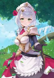 Rule 34 | 1girl, absurdres, armor, armored dress, ascot, blue sky, bow, braid, breastplate, breasts, brown gloves, bug, butterfly, chain, cleavage, cliff, cloud, commentary request, day, dress, falling leaves, flower, gem, genshin impact, gloves, grass, green eyes, hair flower, hair ornament, hat, highres, insect, leaf, long sleeves, looking at viewer, maid, noelle (genshin impact), outdoors, outstretched arm, outstretched hand, parted lips, pauldrons, pov, reaching, reaching towards viewer, red ascot, red bow, red dress, red flower, red rose, rose, shaobao (sdhx3728), short hair, shoulder armor, silver hair, single pauldron, sky, small breasts, smile, solo, tree, white armor, white flower, white hat, wind
