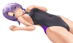 Rule 34 | 1girl, black one-piece swimsuit, breasts, cafe stella to shinigami no chou, commentary request, competition swimsuit, covered navel, cowboy shot, eyes visible through hair, green eyes, hair over one eye, highres, hiuchidani mei, looking at viewer, low twintails, ncontrail (mgax7527), one-piece swimsuit, purple hair, short hair, simple background, small breasts, smile, solo, swimsuit, twintails, white background