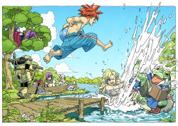 Rule 34 | 1other, 3boys, 3girls, absurdres, ayla (chrono trigger), ball, barefoot, beachball, bird on leg, blonde hair, blue hair, blue male swimwear, blue shorts, bob cut, book, breasts, chrono trigger, cleavage, cloak, colored skin, crono (chrono trigger), cup, curly hair, dock, ebiten (ebi10d), frog (chrono trigger), full body, glasses, green skin, highres, holding, holding book, in tree, jumping, long hair, lucca ashtear, magus (chrono trigger), male swimwear, marle (chrono trigger), medium breasts, medium hair, multiple boys, multiple girls, one eye closed, open mouth, outdoors, pants, ponytail, purple hair, purple pants, red cloak, red hair, robo (chrono trigger), robot, rowboat, short hair, shorts, smile, spiked hair, splashing, strapless, topless male, tree, tube top