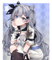 Rule 34 | 1girl, argyle, argyle background, argyle clothes, bazo (vestia zeta), black ribbon, black thighhighs, blush, braid, braided bangs, closed mouth, commentary, cone hair bun, deer, double bun, dress, grey eyes, grey hair, hair bun, hair ribbon, hand on own face, hololive, hololive indonesia, long hair, long sleeves, looking at viewer, mitsumine (ookami no oyashiro), ribbon, smile, squatting, symbol-only commentary, thighhighs, vestia zeta, virtual youtuber, white dress