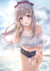 Rule 34 | 1girl, alternate hairstyle, backlighting, bare shoulders, bikini, blouse, blue bikini, bow, bracelet, cloud, cloudy sky, commentary, cowboy shot, crop top, day, frilled shirt collar, frills, grey hair, hair bow, hand in own hair, hand on own thigh, highres, idolmaster, idolmaster shiny colors, iku2727, jewelry, leaning forward, light blush, long hair, looking at viewer, navel, ocean, off-shoulder shirt, off shoulder, open mouth, outdoors, ponytail, purple bow, purple eyes, shirt, short sleeves, sidelocks, sky, smile, solo, standing, strapless, strapless bikini, sunlight, swimsuit, thigh gap, wet, white shirt, wind, yukoku kiriko